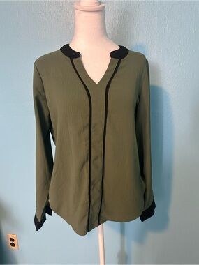 Olive V-Neck Long Sleeve Blouse with Black Trim